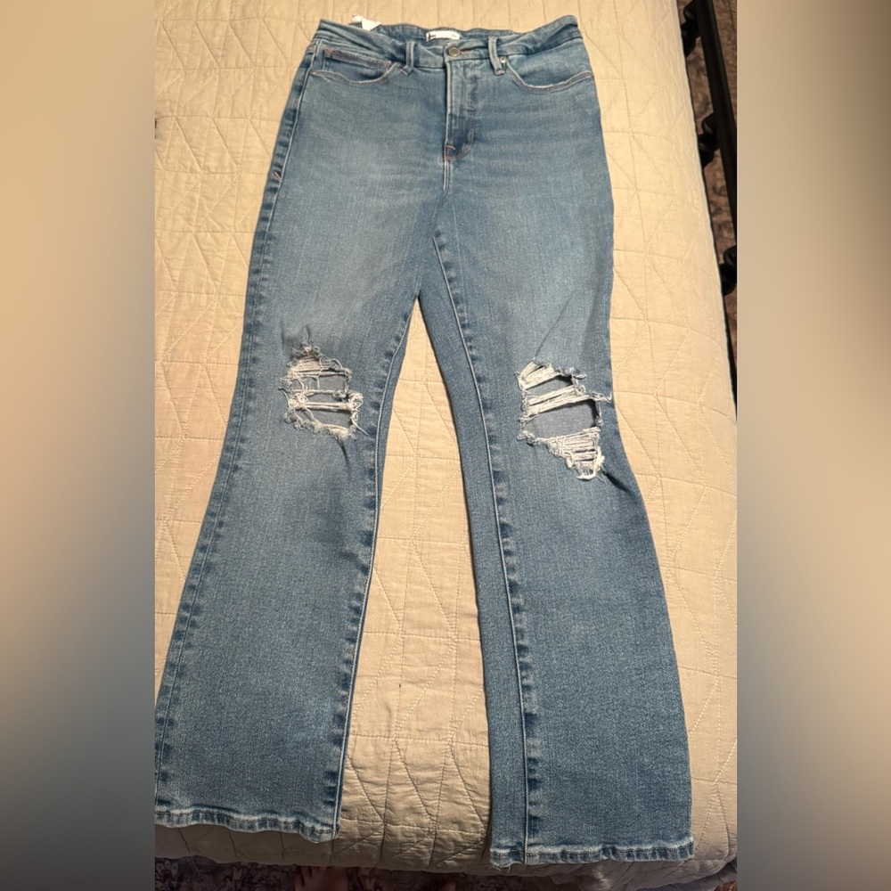 Good American Light Blue Distressed Flare Jeans